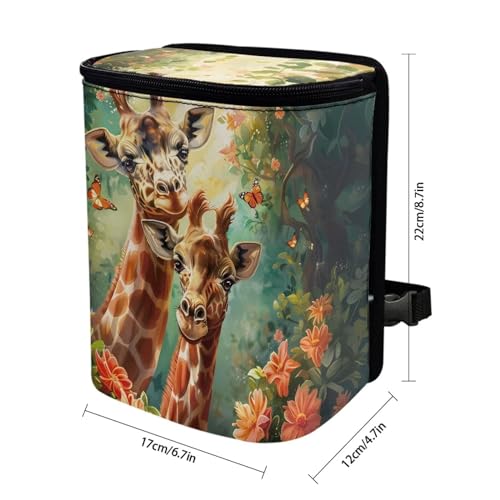 Image of Talayituse Giraffe Butterfly Flower Print Car Trash Can with Adjustable Straps, Foldable Car Trash Bag Bin Car Garbage Bag Multipurpose Storage Box for Vehicle Travel Camping Picnicing