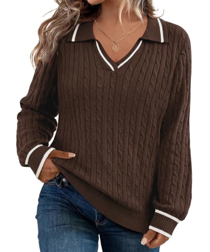 Image of CARCOS Plus Size Sweaters for Women Long Sleeve Pullover Sweaters Lapel Collared Vneck Knit Jumper Tops Fall Winter XL-5XL