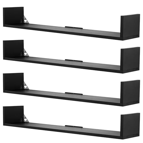FURAOMEILI Scaffali galleggianti per libri, 80 cm, a forma di U, lunga libreria da appendere alla parete, grandi mensole rustiche per libri per soggiorno, cucina, bagno, ufficio, set di 4 (nero)