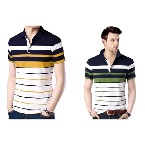 Image of EYEBOGLER Men's Striped Regular fit T-Shirt (T285HS White Darknavy Indigo Royal S) EYEBOGLERMenRegularT-Shirt (Pack of 2)