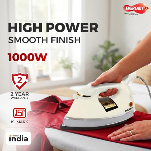 Image of Eveready EasyPress 1000W Heavy Weight Dry Iron with Non-Stick Soleplate, Adjustable Temperature Control, 360 Swivel Cord, Shock Proof Body for Smooth & Fast Ironing