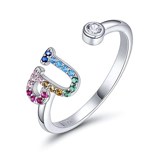 SIMPLGIRL Initial Rings 925 Sterling Silver Letter Rings Rainbow Adjustable Alphabet Ring with Colored Cubic Zirconia for Women Girls, Initial Letter U