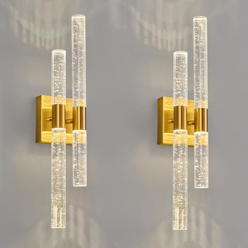 Zhllmq Crystal Wall Sconces Set of Two LED Bathroom Vanity Light Fixtures Gold 21.25in 4000K Vertical and Horizontal Wall Mounted Sconces for Bedroom, Living Room, Hallway
