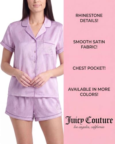 Image of Juicy Couture Women's 2 Piece Satin Notch Collar Button Down Shirt and Pajama Shorts Lounge and Sleepwear Set
