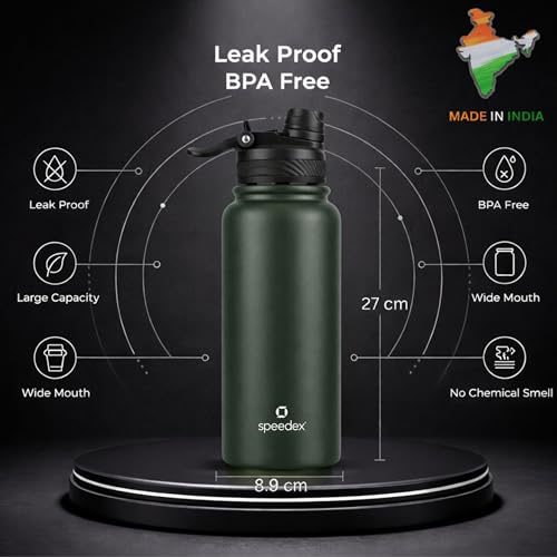Image of Speedex Vacuum Insulated Stainless Steel Water Bottle 1 Litre (1000ml / 1L / 1 Ltr) with 2-in-1 Lid (Straw & Spout), Hot & Cold Leakproof Thermosteel Travel Flask for Office, Gym & School (Green)