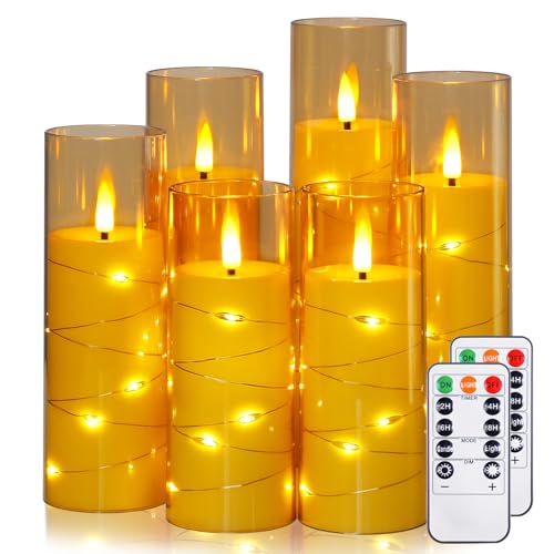 Velas doradas sin llama Yeelida de 6 piezas con luces LED de cadena y mando a distancia