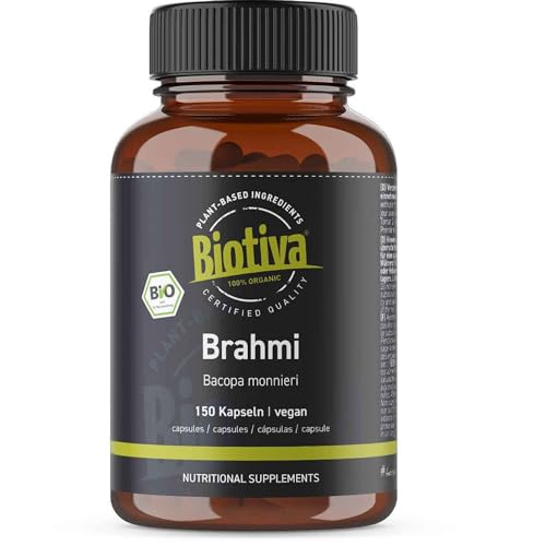 Biotiva Cápsulas de brahmi orgánicas - 150 cápsulas - 500 mg por cápsula - Bacopa Monnieri - planta para la memoria - vegana - garantizada sin aditivos - llenada y verificada en Alemania (DE-ÖKO-005)