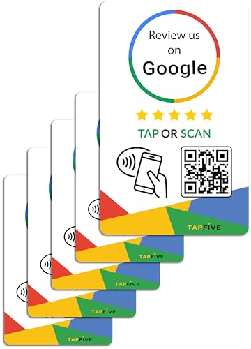 Google Review Tap Cards (5-Pack) by TapFive - Tap for Instant Reviews - All Phones Compatible - Reusable Smart Tap NFC & QR - Boost Business Reviews - Powered by TapFive (5 Card Pack)