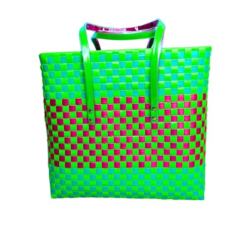 Image of Hand Made Multipurpose Plastic Basket with Lid | Eco-Friendly, Washable, Rust-Free Storage Basket for Kitchen, Picnic, Toys, Travel, Office | Lightweight basket (Green with Pink, Extra Small)