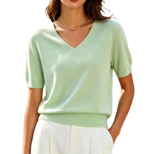 Image of DAIMIDY Women's Short Sleeve Sweater V Neck Summer Knit Tops
