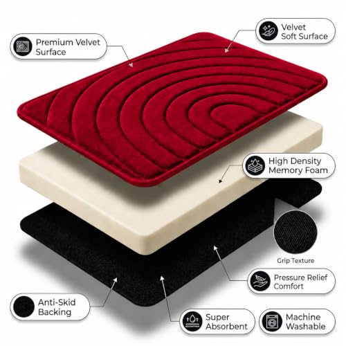 Image of Premium Memory Foam Bath Mat | 40x60cm Super Absorbent Velvet Bathroom Rug | Non-Slip Machine Washable Floor Mat (Cherry Red)