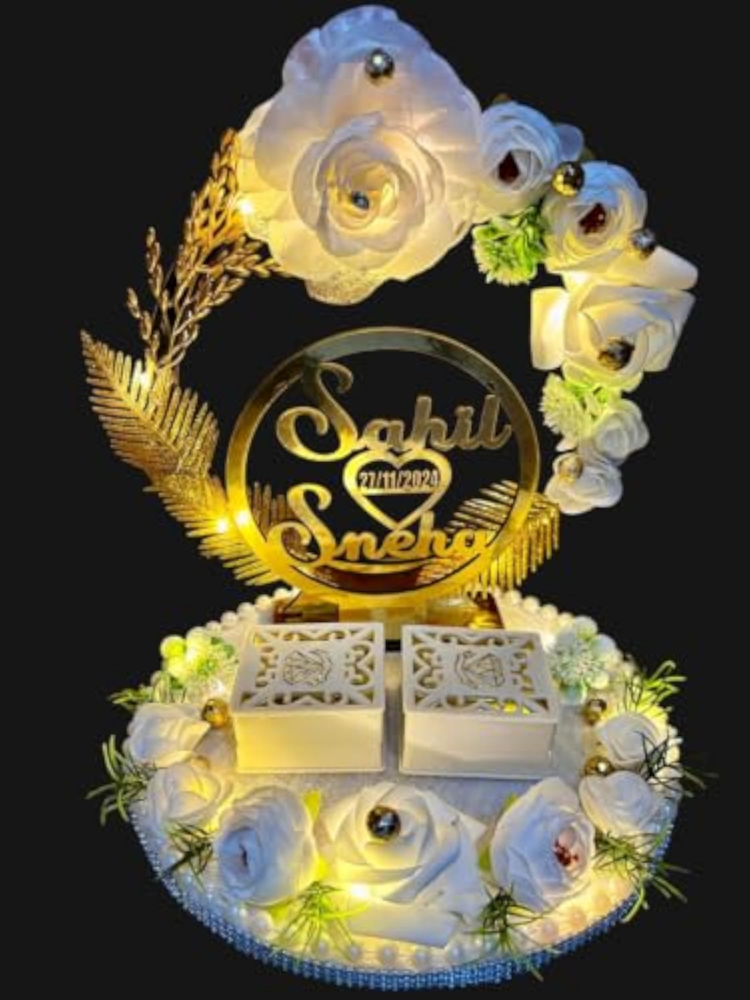 Personalized Wooden Flower Design Engagement Ring Tray