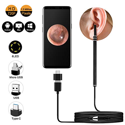 Ear Otoscope, USB Ear Cleaning Endoscope CAFELE Digital Ear Scope Inspection Camera with 6 Adjustable LEDs for Micro USB & USB-C Android Devices, Windows & PC Computer