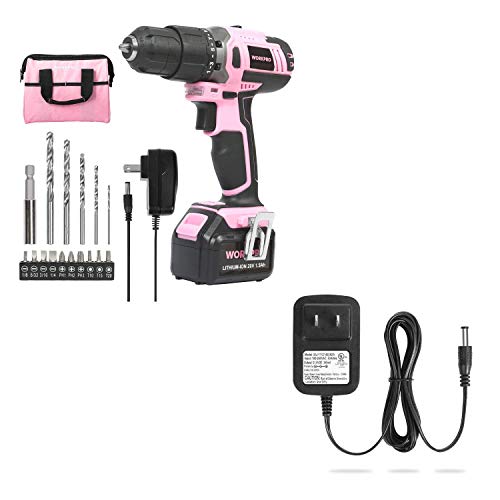 WORKPRO Pink Cordless 20V Lithium-ion Drill Driver Set (1.5Ah), 1 Battery, Charger and Storage Bag Included and Spare Charger for Replacement