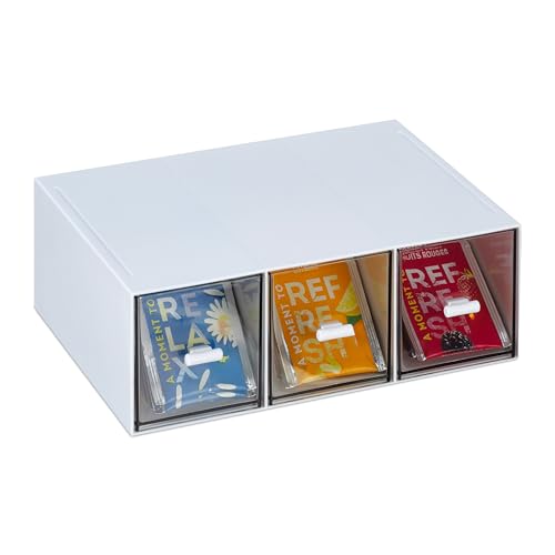 Relaxdays Tee Organizer, 3 Fächer, Kunststoff, vertikal oder horizontal, stapelbar, Teebeutelspender, weiß/transparent