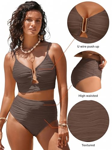 Image of Herseas 2 Piece Bikini Set U-Wire Cutout Popular Swimsuit High Waisted Textured 2026 Summer Beach Swim Bathing Suits