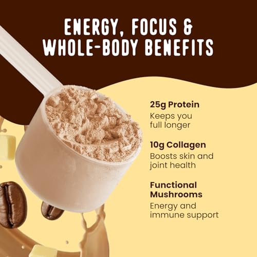FlavCity All in One Protein Shake Powder, Butter Coffee - 55mg Caffeine + Collagen Peptides, Reishi & Cordyceps - Focus, Skin, Hair & Joint Support - 100% Grass Fed Whey, 20 Servings - Image 5
