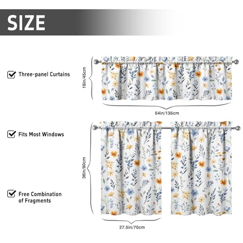 Image of Floral Kitchen Curtains 3 Piece Set Tier Valance Window Decor