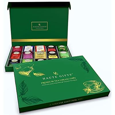 Tea Bags Sampler Assortment Variety Pack Gift Box 45 Count Tea Bags & 10 Honey Sticks - Perfect Variety - English Breakfast, Green, Black, Herbal, Chai Tea and more (Green)