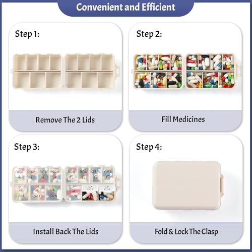 new foldable amp double protection portable weekly pill organizer 2 times a day with etched labels am pm 7 day week medicine box daily travel pill case holder dispenser for vitamin supplement - khaki