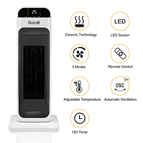 Gotoll Keramische ventilatorkachel met afstandsbediening, PTC-keramische verwarming, 3 standen, oscillatie, elektrische verwarming met timer, led-display, oververhittings- en kantelbeveiliging, elektrische kachel voor binnenruimte - Afbeelding 3