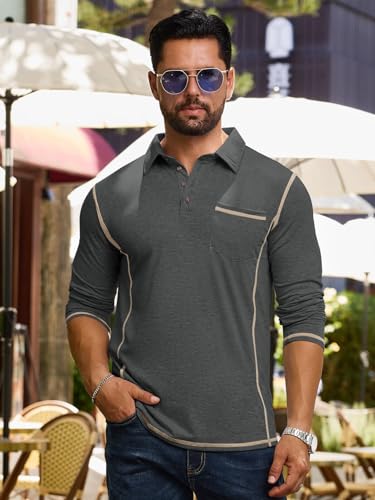 Mens Fashion Polo Shirts Classic Long Sleeve Basic Button Tees Stylish Tops Golf Shirts with Pocket2