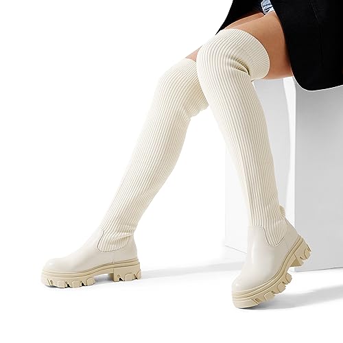 DREAM PAIRS Women's Sdob222w-1 Over The Knee Platform Thigh High Boots Long Stretch Soft Chunky Lug Sole Fall Fashion Boots, Beige Knit, Size 9