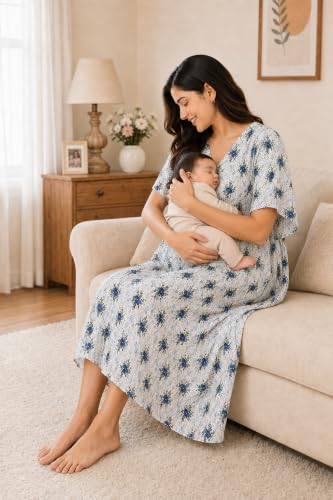 Image of Noty Women's- Kaftan | Maxi | Maternity | Feeding | Delivery Gown- Cotton Fabric- V Neck | Floral Print | 2 Pockets | Midi