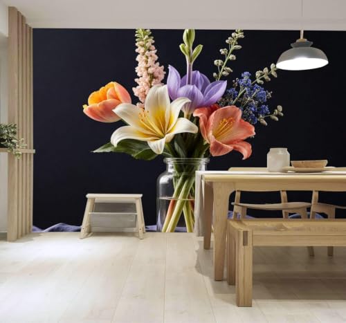 XLMING Hermosas Flores Multicolores Jarrón De Cristal Fondo Negro 3D Papel Pintado Pared Premium Textura Seda Estudio Comedor Vinilos Dormitorio Sofás TV Cocina-350cm×256cm
