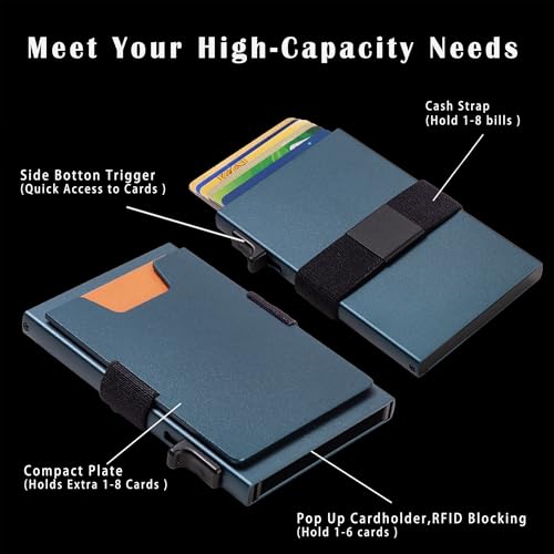 Image of Minimalist Mens Card Holder Wallet, RFID Blocking Slim Smart Pop Up Aluminum Wallet,Holds 12+ Cards,Expandable Compact Plate,Cash Strap /Money Clip (Navy Blue)
