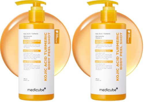 Image of medicube Body Peel Shot with Kojic Acid and Turmeric | Gentle Body Brightening & Exfoliating Serum with BHA, LHA & PHA for Dead Skin Cells, Uneven Looking Skin & Excess Sebum | 9.46 fl.oz (Pack of 2)