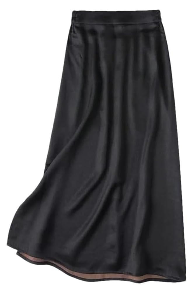 Womens Classic Mulberry Silk Midi Skirt with Elastic Waist and Split Design Loose Solid Skirt