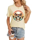 Womens Cute Motivational Skull Coconut Trees Tshirt Funny Graphic Tees Hawaii Vacation Shirts Ladies Short Sleeve Comfy Travel Tops, Light Yellow Large