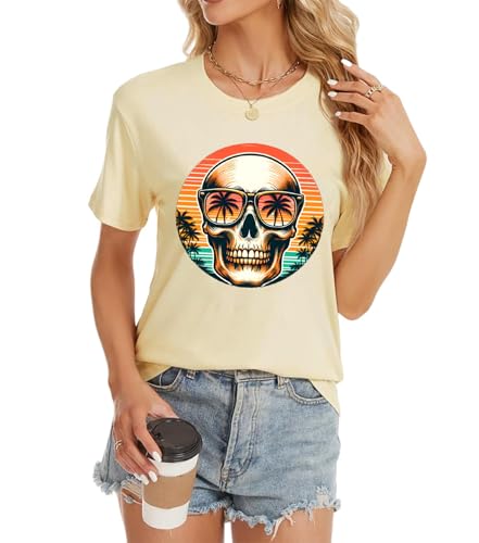 Womens Cute Motivational Skull Coconut Trees Tshirt Funny Graphic Tees Hawaii Vacation Shirts Ladies Short Sleeve Comfy Travel Tops, Light Yellow Large