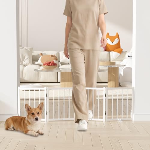 Snuowu 16 Freestanding Short Dog Gate for Small Dogs Foldable & Retractable Expands Up to 48 Wide 4-Panel Pet Barrier for Doorways Stairs & Hallways (White)