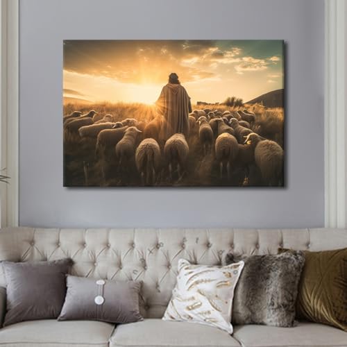 Toile murale chrétienne berger de Jésus TISHIRON cadeau baptême mariage communion