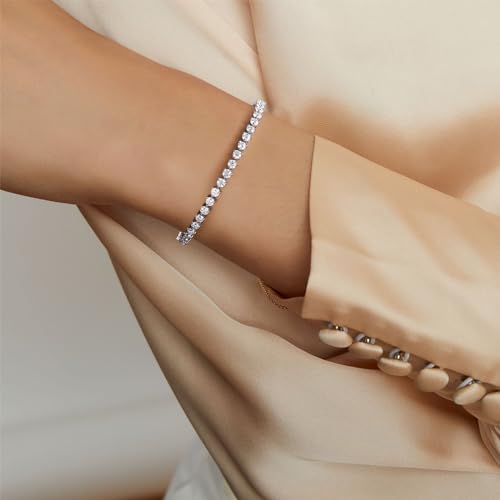 Moissanite Sterling Silver Tennis Bracelet:White Gold Plated 925 Silver Chain - Gold Prong Setting Sparkling VVS1 Solitaire Birthday Valentine's Day Wedding Brides Jewelry Gift Women4