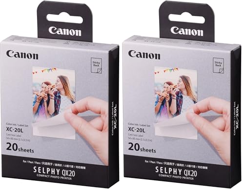 Canon XC-20L Original Farbband/Papierset 20 Blatt Kreditkartenformat 5,4 x 8,5cm für Canon SELPHY QX20 Fotodrucker (selbstklebend, Sticker, Aufkleber, Kleberückseite, Thermosublimation, wasserfest)