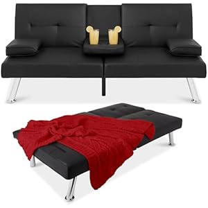 Best Choice Products Faux Leather Upholstered Modern Convertible Futon, Adjustable Folding Sofa Bed, Guest Bed w/Removable Armrests – Black