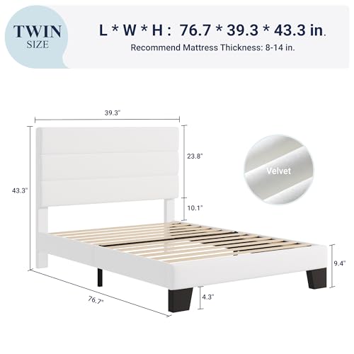 Allewie Twin Size Platform Bed Frame with Velvet Upholstered Headboard and Wooden Slats Support, Fully Upholstered Mattress Foundation/No Box Spring Needed/Easy Assembly, White