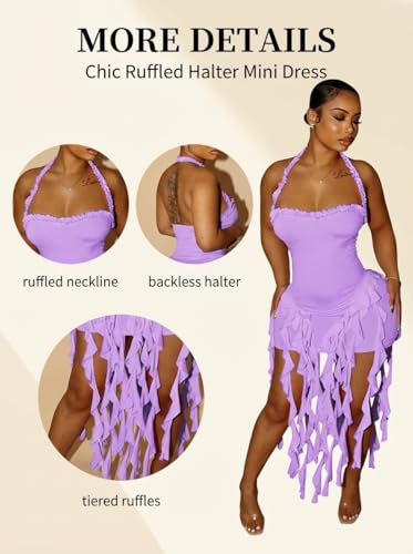 Image of Aro Lora Womens Sexy Halter Neck Sleeveless Ruffle Tassel Party Club Bodycon Mini Dress