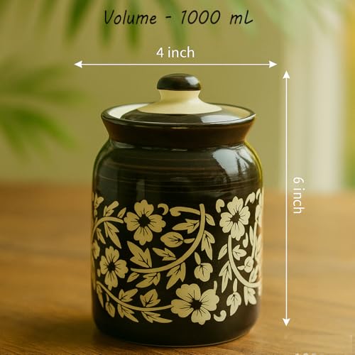 Image of D'Maiolica Traditional Ceramic Pickle Jars with Lid in 1000ml | Achaar Barni for Kitchen | Ceramic Container for Achar, Salt, Spices (Set of 1)(Z Black Floral Print)