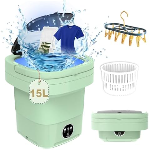 Portable Washing Machine, 15L Large Capacity Mini Washing Machine, Foldable Collapsible Washer and Dryer with Spin for Travel, Socks, Baby Clothes （Green) Cover