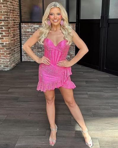 FreeBeauty Short Sequin Homecoming Dresses for Teens Beaded 2025 Strapless Sparkly Prom Cocktail Dress2