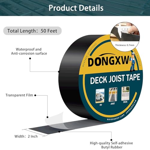 Image of Dongxw Joist Tape for Decking 2 inch x 50', 8 Rolls Butyl Deck Flashing Tape, Weather-Resistant and Waterproof, Self-Adhesive for Wood Joists, Decks, Beams, Roofs, RV Repairs
