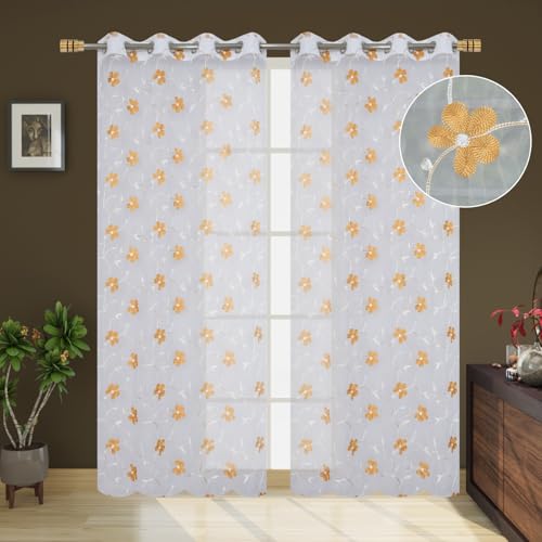 Image of Embroidered Floral Sheer Net Curtain for Window - 5x4 Feet - Transparent Golden Net Curtain - Pack of 1 - Elegant Lightweight Decor for Living Room & Bedroom