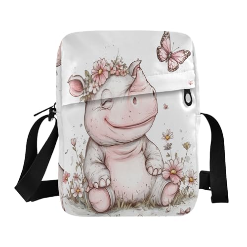 Cartoon Cute White Rhinoceros Flowers Butterfly messenger bag cute Small Crossbody Bags For Women Ladies Shoulder Handbags Adjustable Strap for Casual School