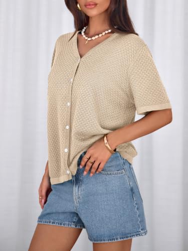 Image of NALANISA Women's Short Sleeve Sweater Spring Summer Crochet Knit Tops 2026 V Neck Striped Button Down Dressy Casual Blouses