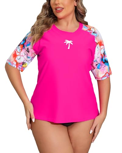 Halcurt Traje de baño de Talla Grande para Mujer, Brasier Integrado, Manga Corta, Camiseta de natación UPF50, de Secado rápido, Sujetador Floral Rosa Intenso/Integrado, 4XL