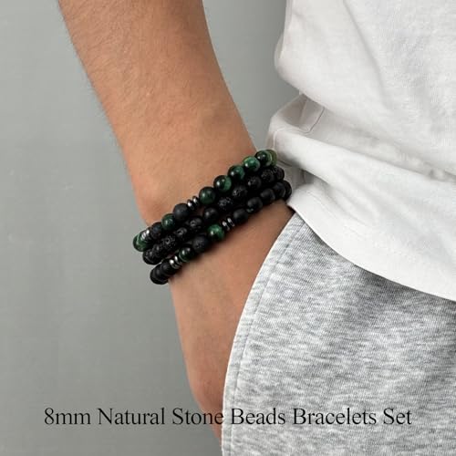 SAMOCO 12Pcs Tiger Eye Bracelets For Men Natural Stone 8mm Beads Bracelets Set Stretch Adjustable Lava Rock Black Crystal Beaded Bracelet for Men Women Gifts2